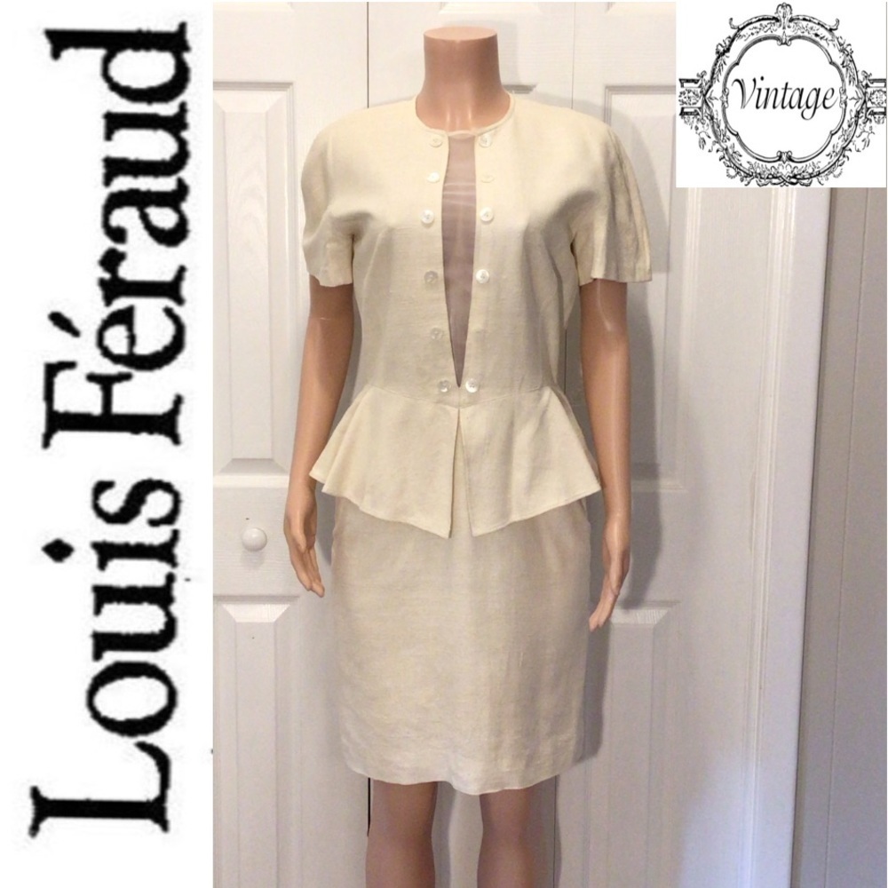 Vintage Louis Feraud Ivory Short Sleeve Silk Matka Peplum Dress Size 10